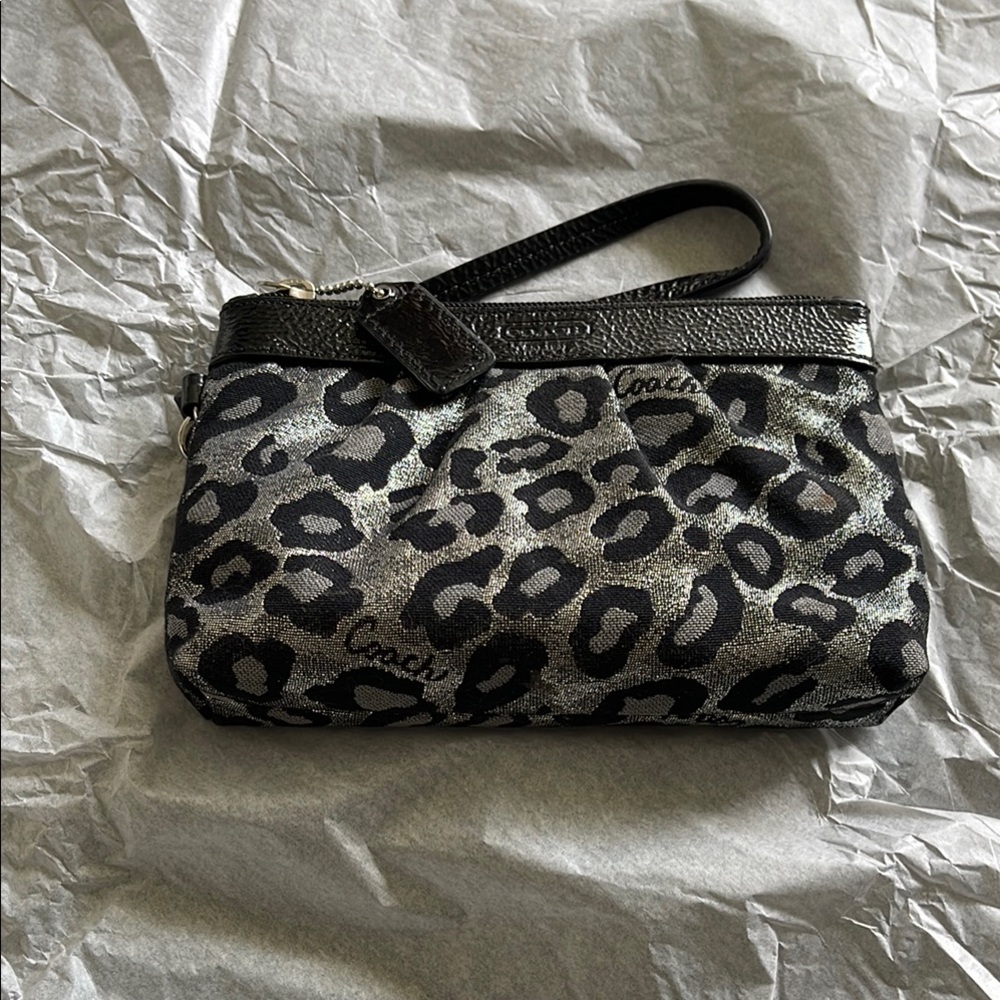 Coach Black/Silver/Gray Leopard Print Wristlet New